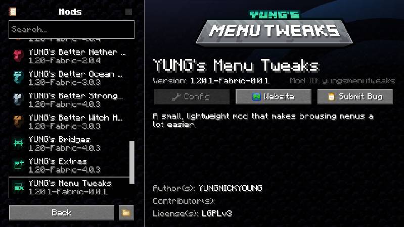 Скриншот мода YUNG's Menu Tweaks (NeoForge) #1
